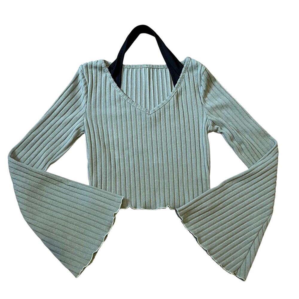 Women's Contrast Collar Bell Sleeve Crop Tee V-Neck Knit Ribbed Top Sz Small